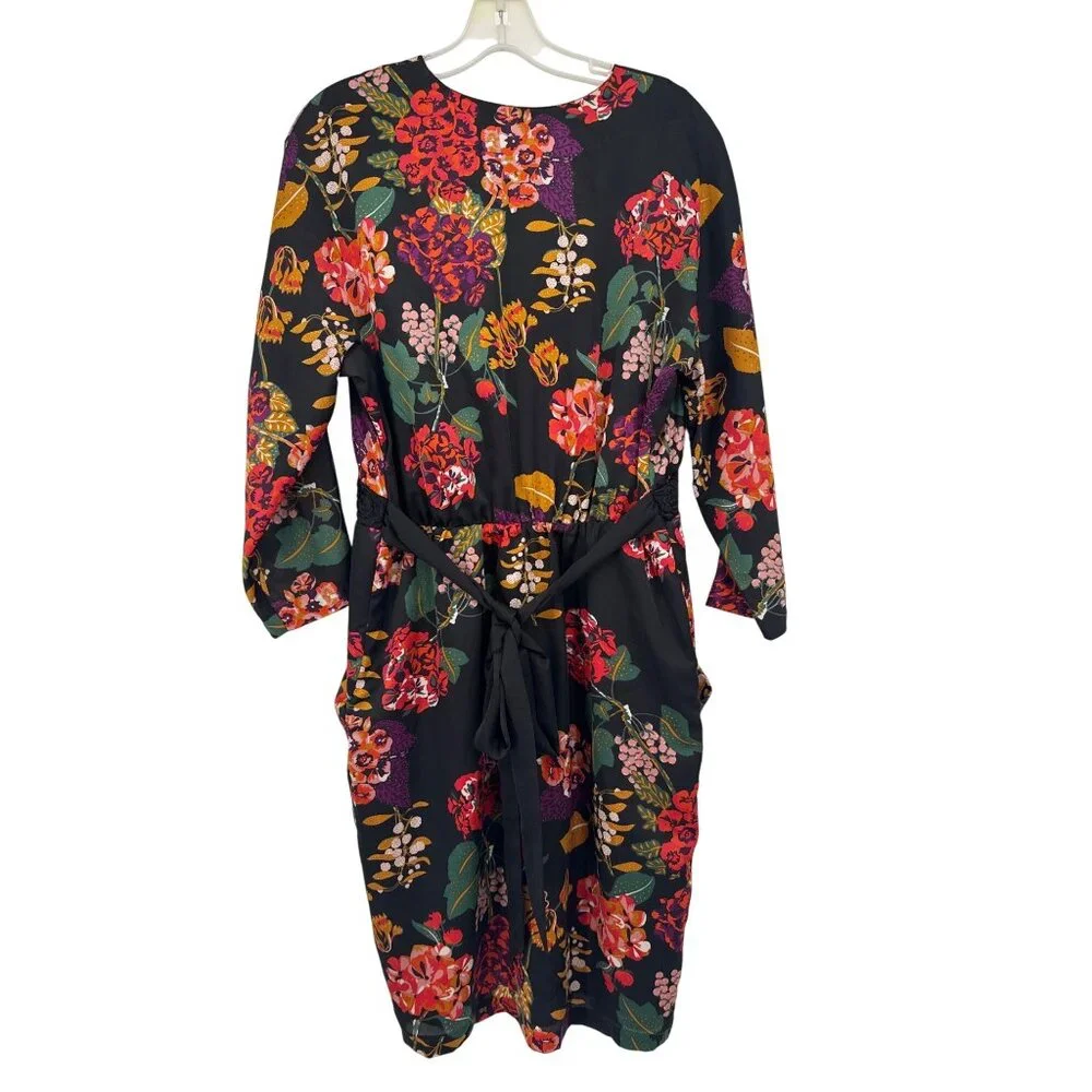 H&M Conscious Collection Floral Dress satin Pockets & Tie Belt Black Size 12